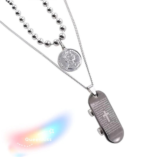 Funky Punk Stainless Steel Cool Two Layers One Set Sliding Plate and Coin Silver Necklace -- Be myself!!