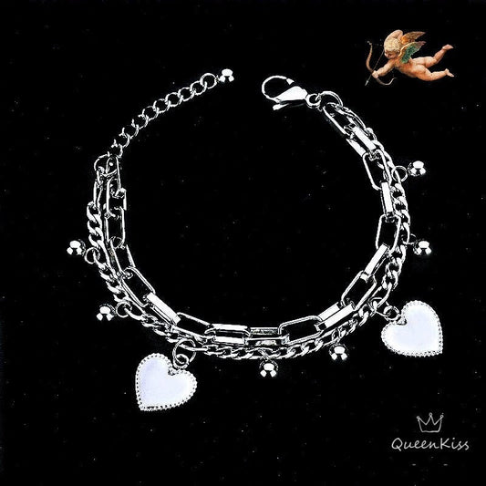 Funky Punk Stainless Steel Two Layers Cool Style Chain Heart Silver Bracelet -- Love Love Love!!