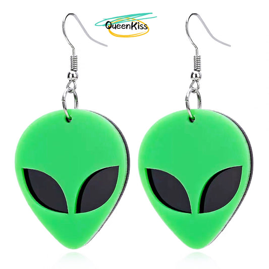 Cute Light Trendy Quirky Green Alien Black Eyes Brother Earrings - Let's rock it!!