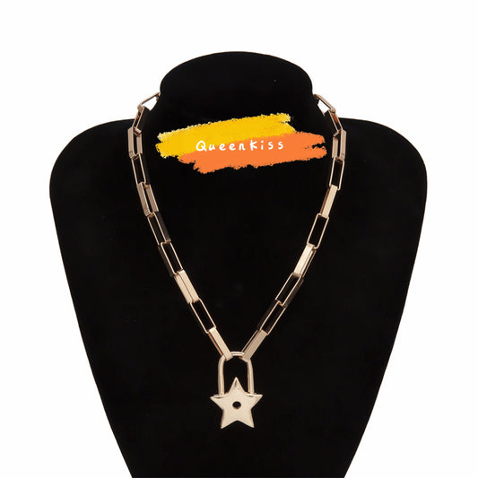 Funky Punk Stainless Steel Cool Star Lock Gold Necklace -- Love you to the Star!