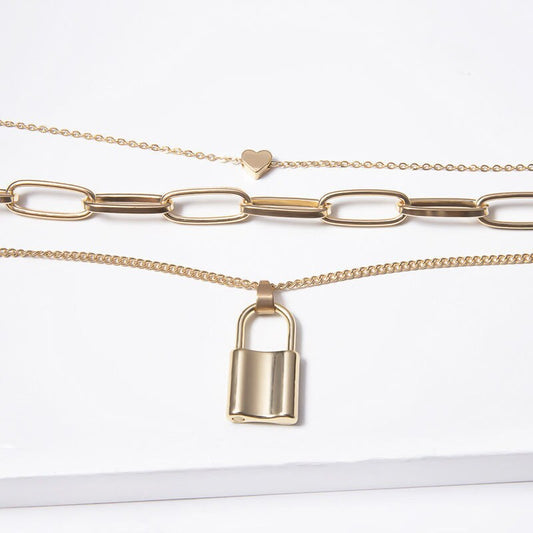 Funky Punk Stainless Steel Cool Three Layers One Set Lock Heart Gold Necklace -- Lock to My Heart!