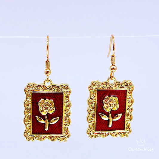 Enamel Gold Silver Frame Red Rose Earrings Dangle Earrings -- Rosey Baby!!