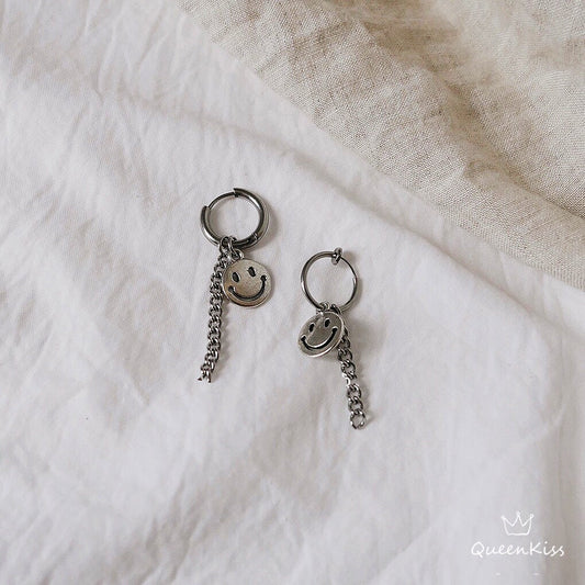 Smiley Face and Chain Circle Silver Earrings --  Be Cool!!