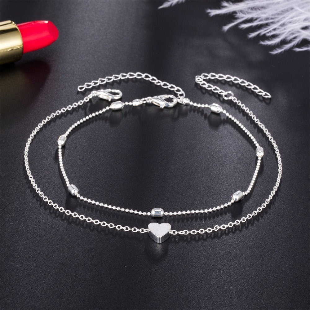 Best Seller Boho Dainty Cute Heart Two Layers 18K Gold and Sterling Silver Anklet Gift for Girlfriend Sister Mother Daughter Her -- Walking Heart!!