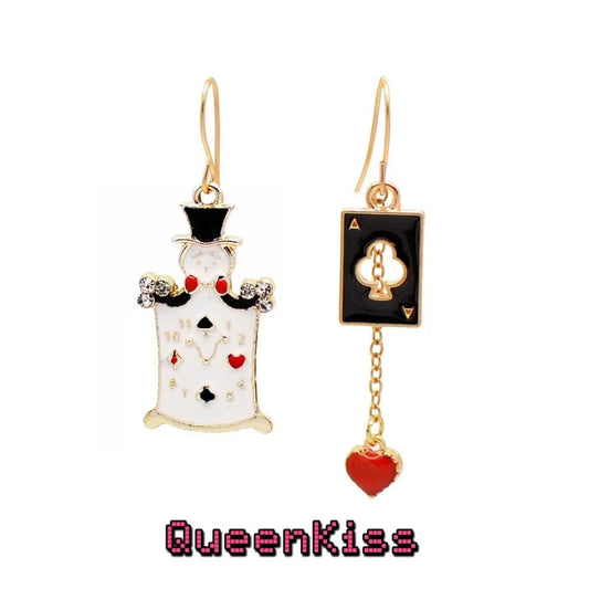 Super Cute Poker Man and His Ace Card Red Heart Enamelled Earrings -- No More Lonely!!