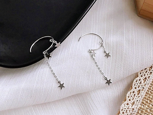 Cute Adorable Half Moon Three Stars Dangle Silver Earrings -- Walk You to The Moon and Back!!