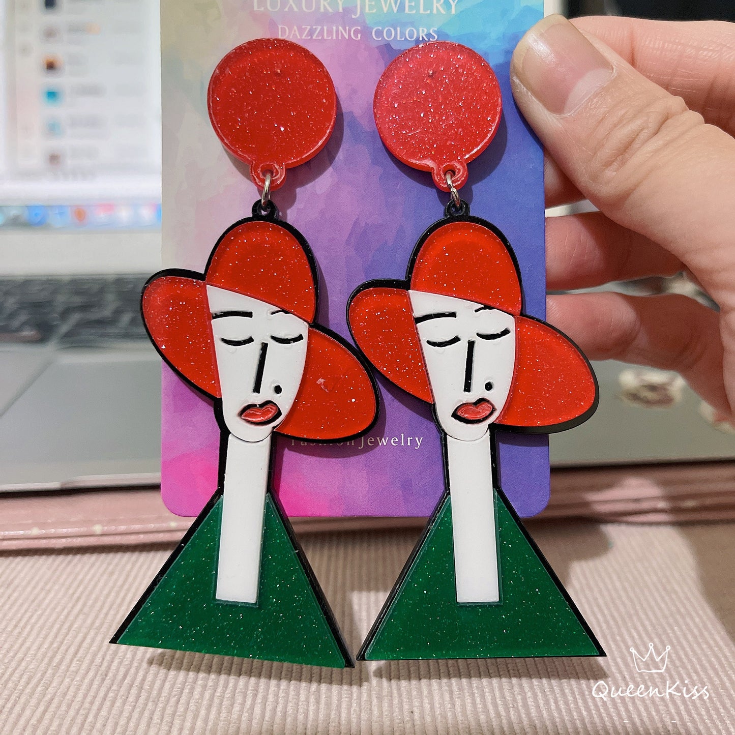 Cute Light Trendy Adorable Gorgeous Lady with Red Hat and Green Clothes Acrylic Earrings - Lady BlaBlah!!