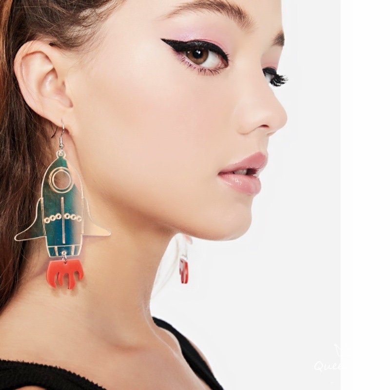 Cute Light Trendy Quirky Spaceship Rocket Earrings - Fly Me To the Universe!!