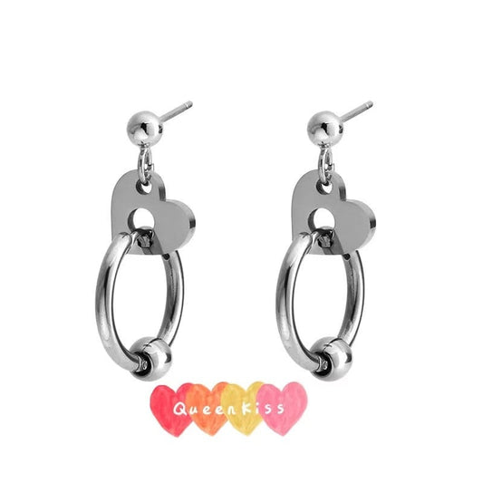 New Design Cool Stainless Steel Circle Going Thought Heart Silver Earrings -- Heartbroken!!