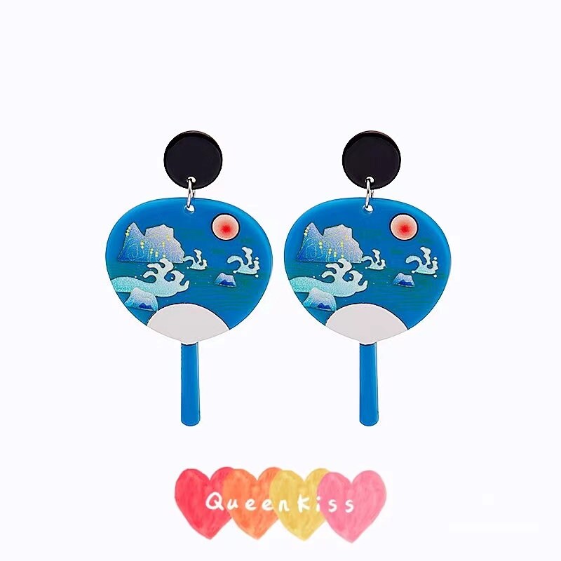 Cute Light Trendy Moon and Blue Fan With Romantic Night Ocean View Earrings - Ocean and Moon!!