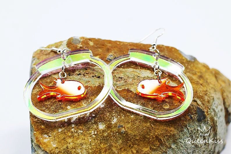 Cute Light Trendy Fish Tank and Orange Fish Earrings - Glub Buddy!!