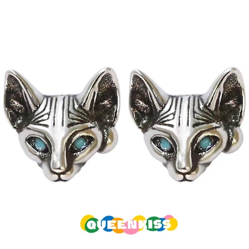 Sterling Silver 925 Stud Earrings Cute Cat Kitty Blue Eyes Sphynx Cat Stud Earrings Modern Studs Minimal Stud Earrings Gift for her