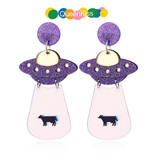 Cute Light Trendy Quirky UFO Earrings Alien Sucking Cow In Earrings - You need us!!