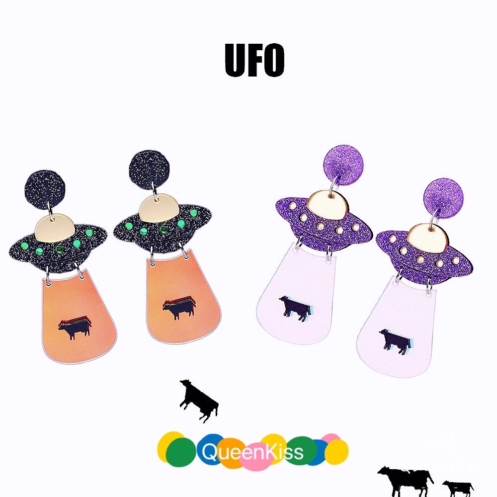 Cute Light Trendy Quirky Black and Purple UFO Earrings Alien Sucking Cow In Earrings - We need you!!