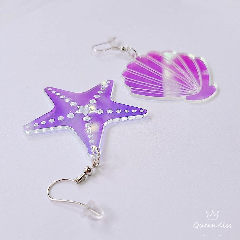 Cute Light Trendy Quirky Laser Light Changing Colour Romantic Ocean Sea Star and Sea Shell Earrings - Aqua Woman!!