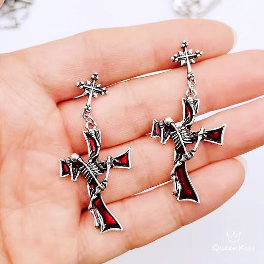 Enamel Earrings Skeleton Clambing up Cross Gothic Dangle Earrings Creepy Goth Grunge Earrings