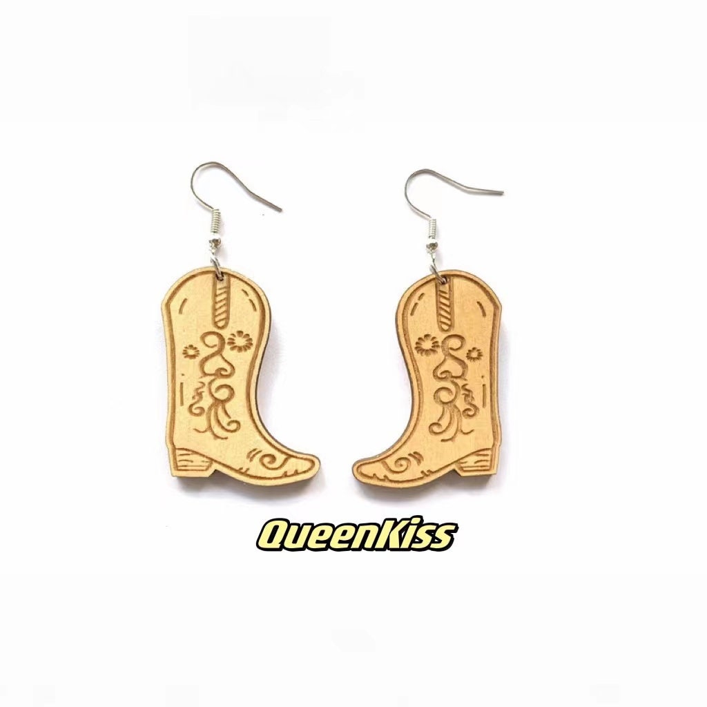 Super Light Wood Cute Wooden Long Boot Shoe Yellow Earrings - Yellow Stone National Park