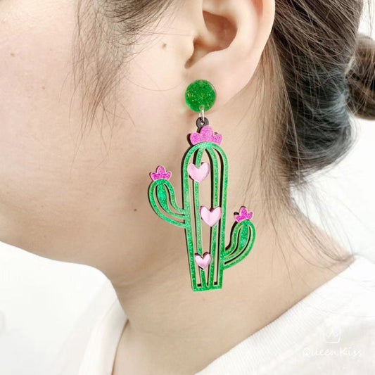 Cute Light Trendy Acrylic Adorable Green Cactus Earrings - Queen of Dessert!!